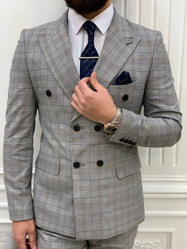 Aysoti Luitsto Yellow Gray Slim Fit Double Breasted Plaid Suit