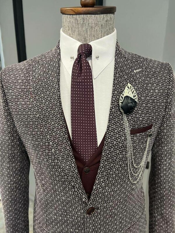 Burgundy Slim Fit Peak Lapel Patterned Suit