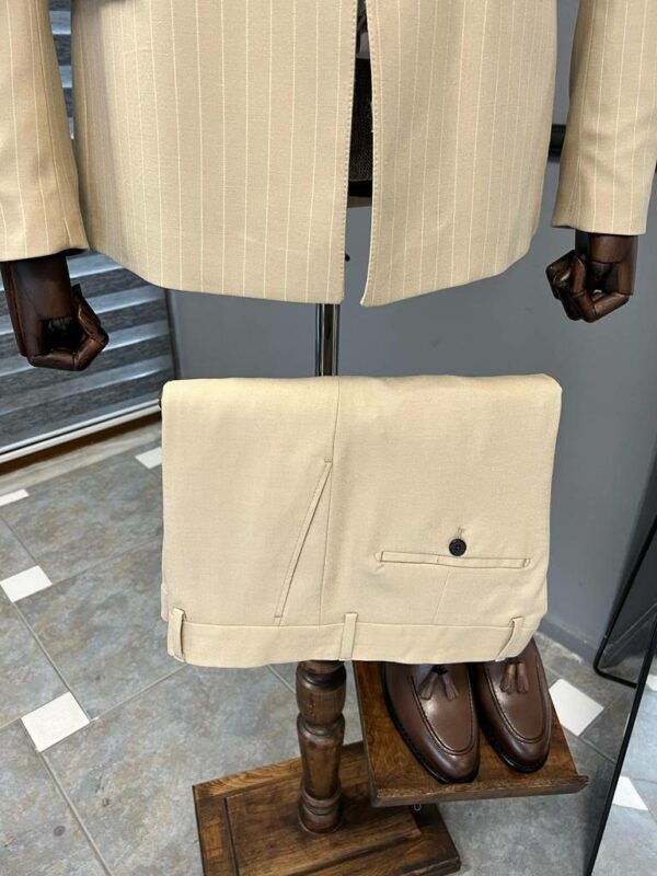 Beige Slim Fit Double Breasted Pinstripe Suit