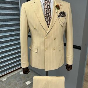 Beige Slim Fit Double Breasted Pinstripe Suit