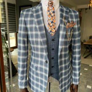Blue Slim Fit Peak Lapel Plaid Suit