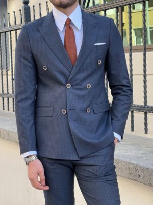 Navy Blue Slim Fit Double Breasted Pinstripe Wool Suit