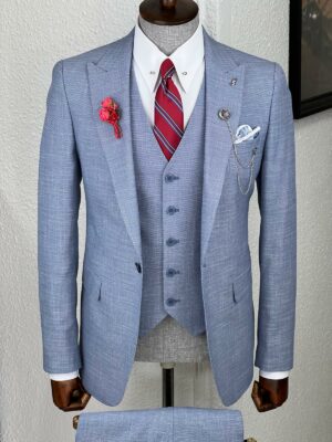 Blue Slim Fit Peak Lapel Patterned Wool Suit