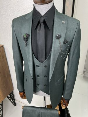 Green Black Slim Fit Wool Suit