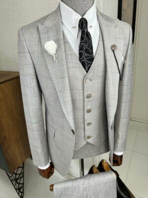 Grey Slim Fit Plaid Wool Suit