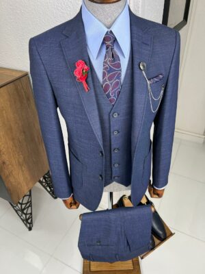 Navy Blue Slim Fit Notch Lapel Wool Suit