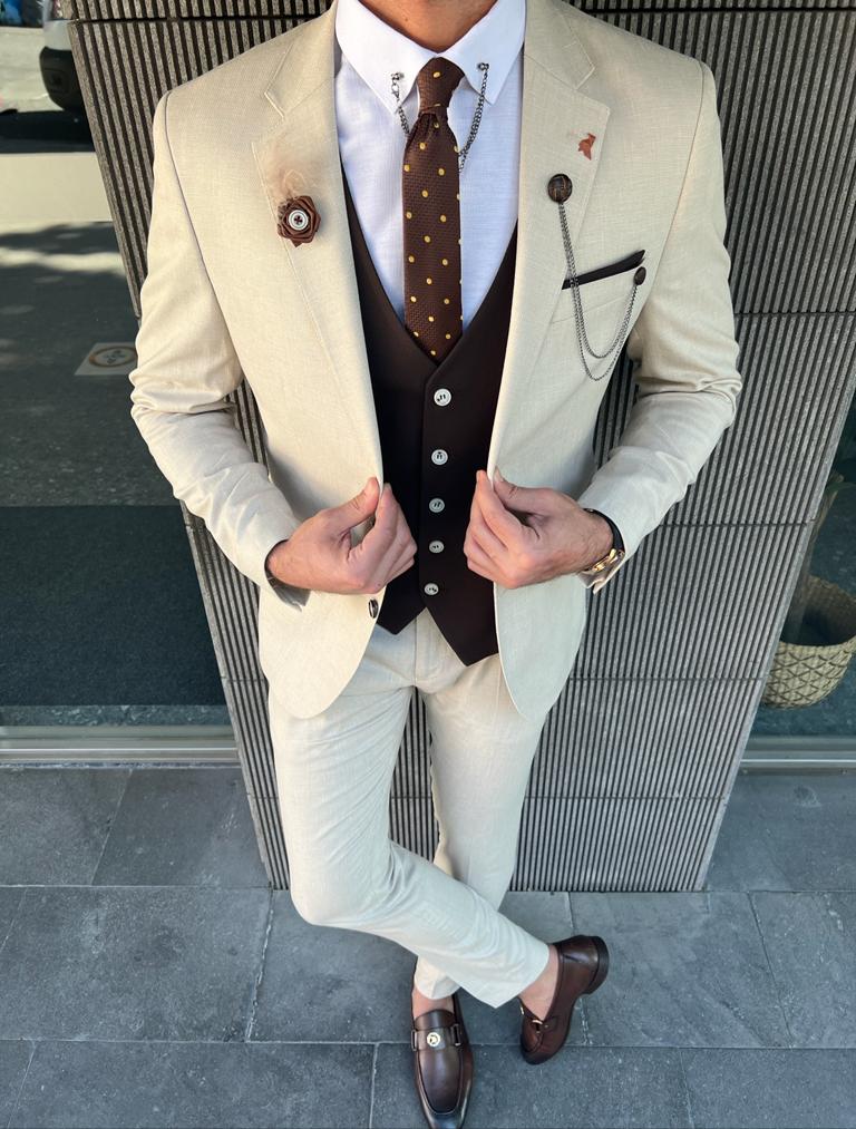 Beige Slim Fit Notch Lapel Combination Linen Suit