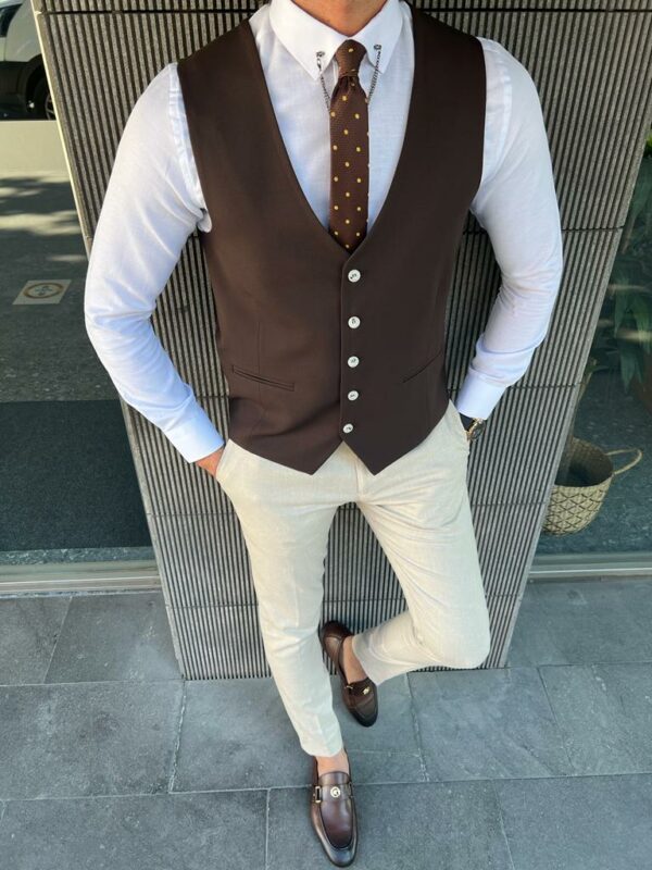 Beige Slim Fit Notch Lapel Combination Linen Suit