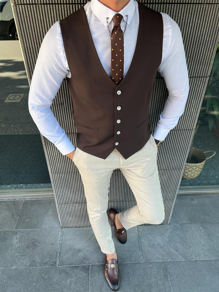 Patterned Vested Light Beige Suit Combination – Strong Mens Wear