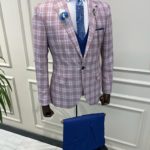 Burgundy Blue Slim Fit Peak Lapel Plaid Suit