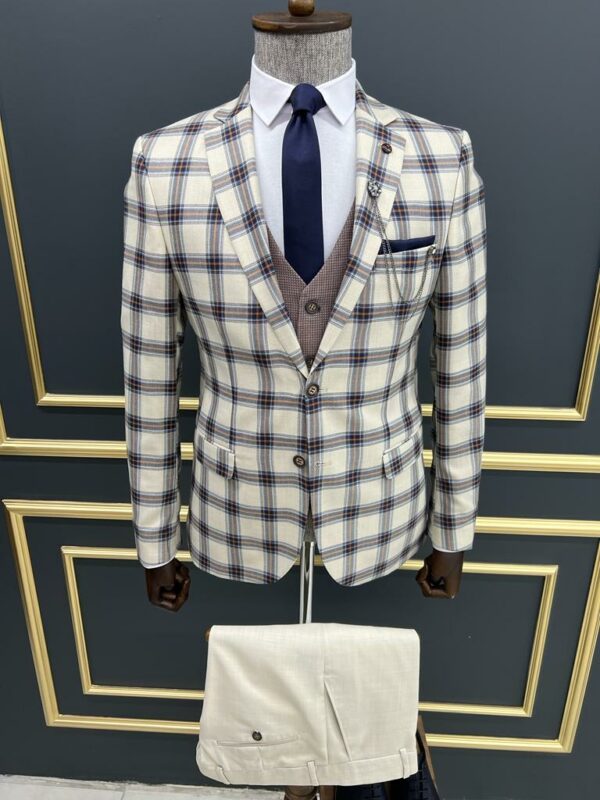 Aysoti Fernyard Cream Slim Fit Notch Lapel Plaid Suit
