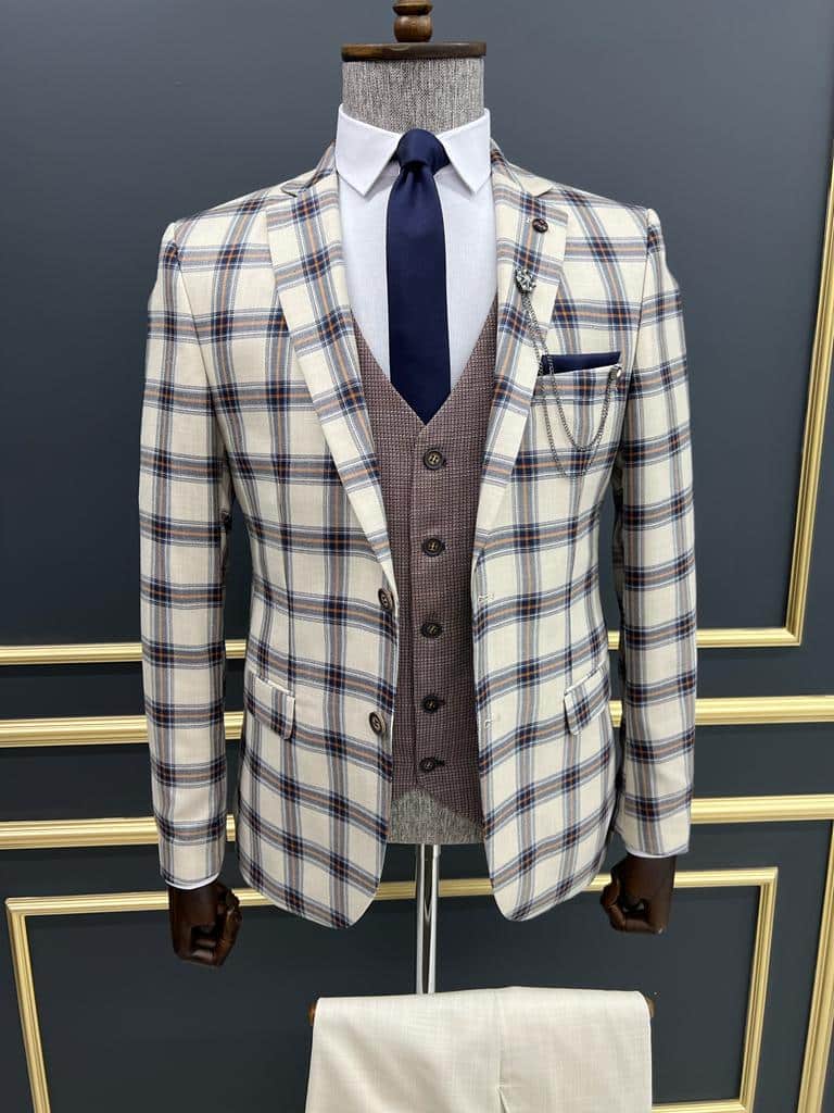 Aysoti Fernyard Cream Slim Fit Notch Lapel Plaid Suit