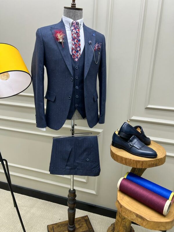 Navy Blue Slim Fit Peak Lapel Pinstripe Suit