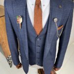 Navy Blue Slim Fit Peak Lapel Plaid Suit