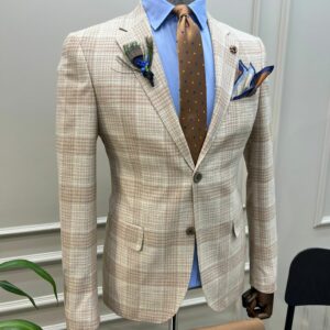 Beige Slim Fit Notch Lapel 2 Piece Plaid Suit