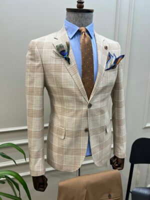 Beige Slim Fit Notch Lapel 2 Piece Plaid Suit