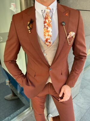 Rust Slim Fit Peak Lapel Combination Suit