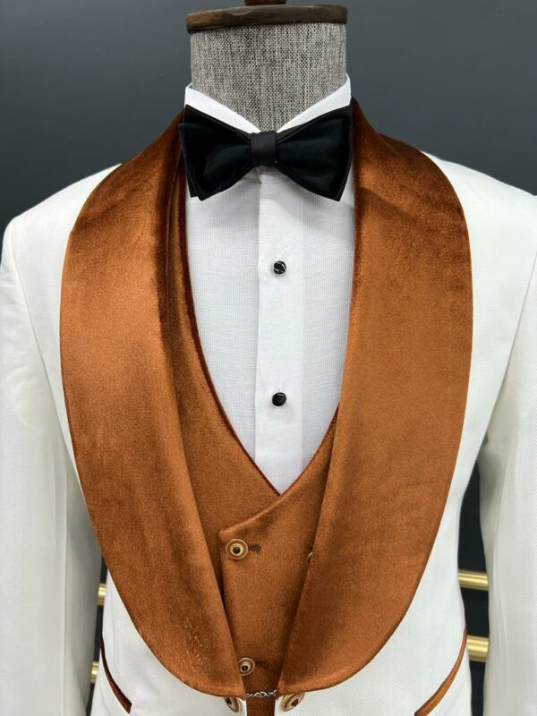 White & Orange Slim Fit Velvet Shawl Lapel Tuxedo