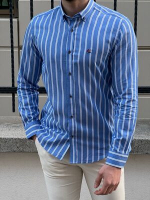 Aysoti Cordons Blue Slim Fit Striped Cotton Shirt