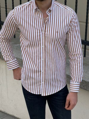 Aysoti Cordons Rust Slim Fit Striped Shirt