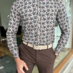 Aysoti Eden Beige Slim Fit Leaf Pattern Cotton Shirt