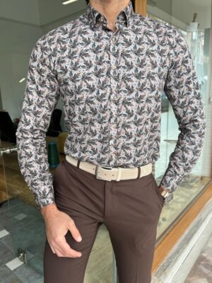 Aysoti Eden Beige Slim Fit Leaf Pattern Cotton Shirt
