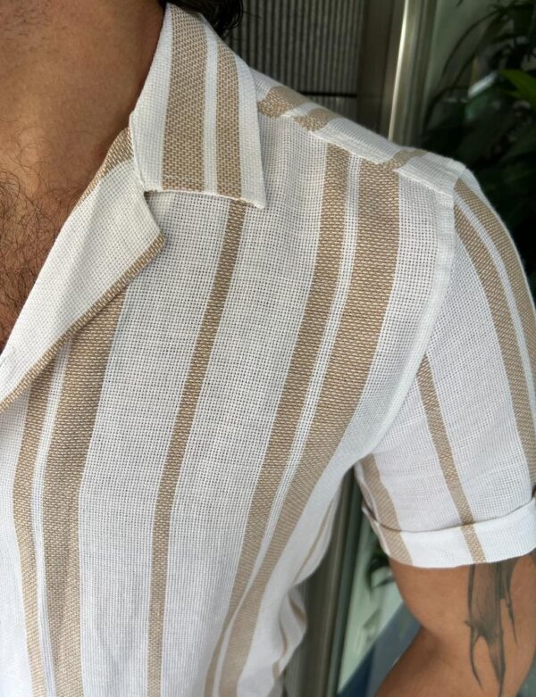 Aysoti Eden Camel Slim Fit Short Sleeve Striped Cotton Shirt