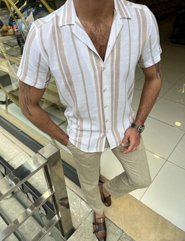 Aysoti Eden Camel Slim Fit Short Sleeve Striped Cotton Shirt