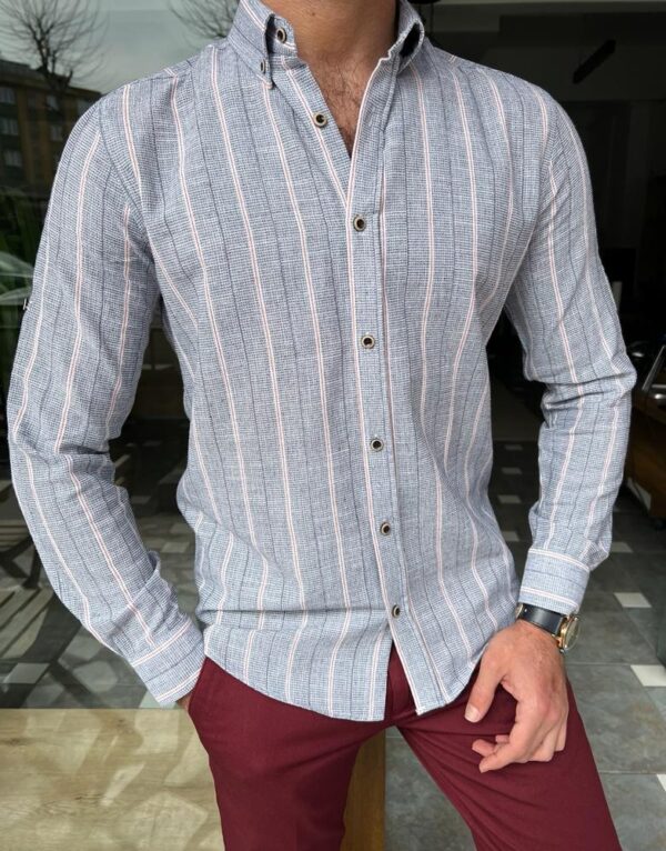 Aysoti Eden Gray Slim Fit Striped Cotton Shirt