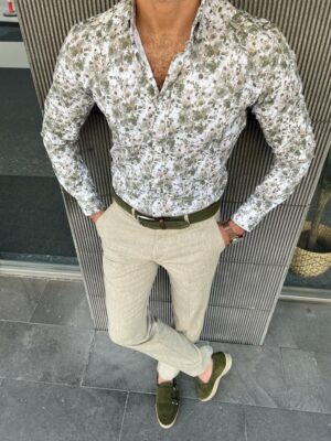 Aysoti Eden Green Slim Fit Floral Cotton Shirt