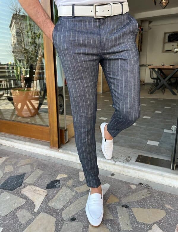 Aysoti Farndale Dark Blue Slim Fit Pinstripe Linen Pants