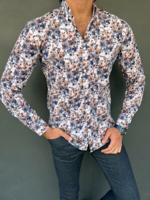Aysoti Laval Navy Blue Slim Fit Floral Cotton Shirt