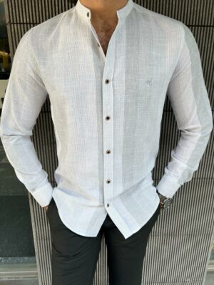 Aysoti Laval White Slim Fit Striped Cotton Shirt