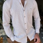 Aysoti Soffran Beige Slim Fit Striped Cotton Shirt