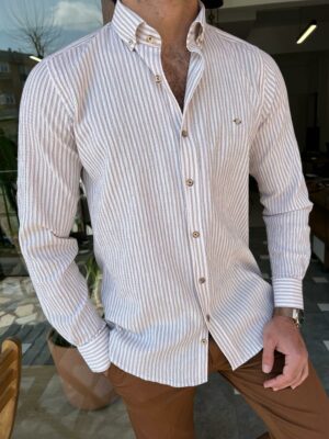 Aysoti Soffran Beige Slim Fit Striped Cotton Shirt