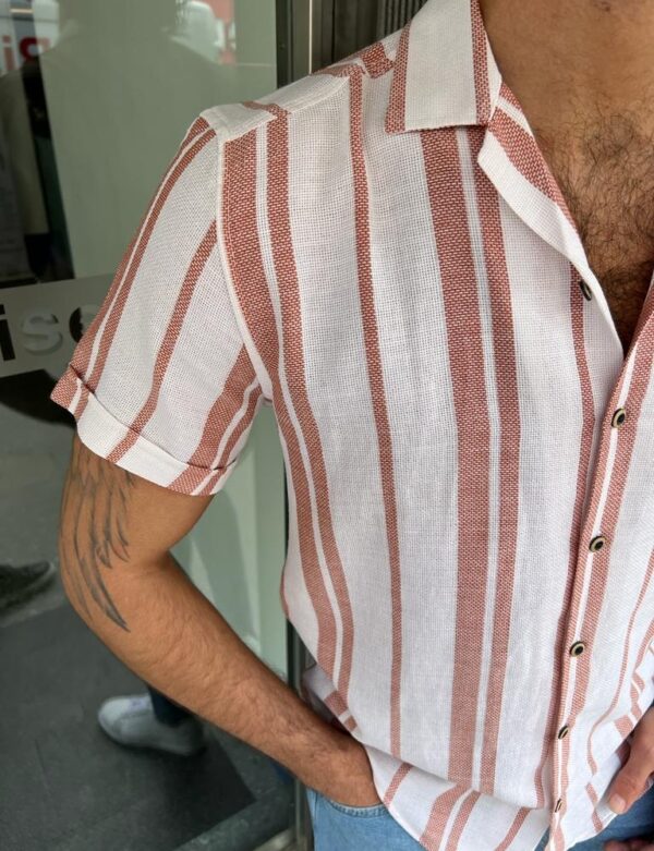 Aysoti Soffran White Slim Fit Short Sleeve Striped Cotton Shirt