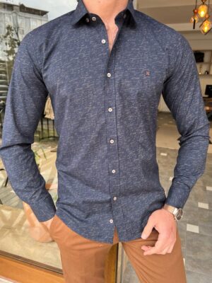 Aysoti Soffran Navy Blue Slim Fit Patterned Cotton Shirt