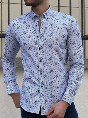 Aysoti Villas Hazard Blue Slim Fit Long Sleeve Floral Shirt