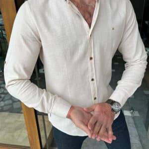Aysoti Soffran Beige Slim Fit Plaid Cotton Shirt