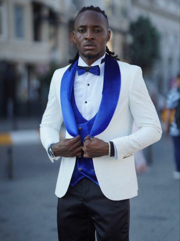 Aysoti Beron Blue & White Slim Fit Wool Tuxedo