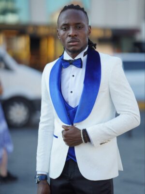 Aysoti Beron Blue & White Slim Fit Wool Tuxedo