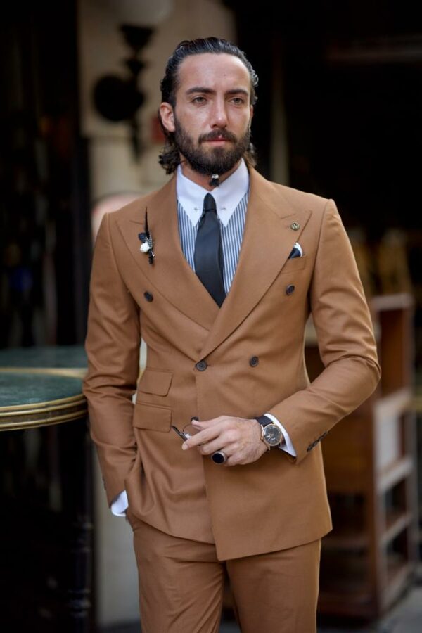 Rust Brown Slim Fit Double Breasted Suit