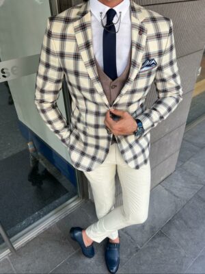 Beige Slim Fit Notch Lapel Plaid Suit