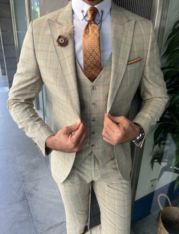 Beige Slim Fit Plaid Suit