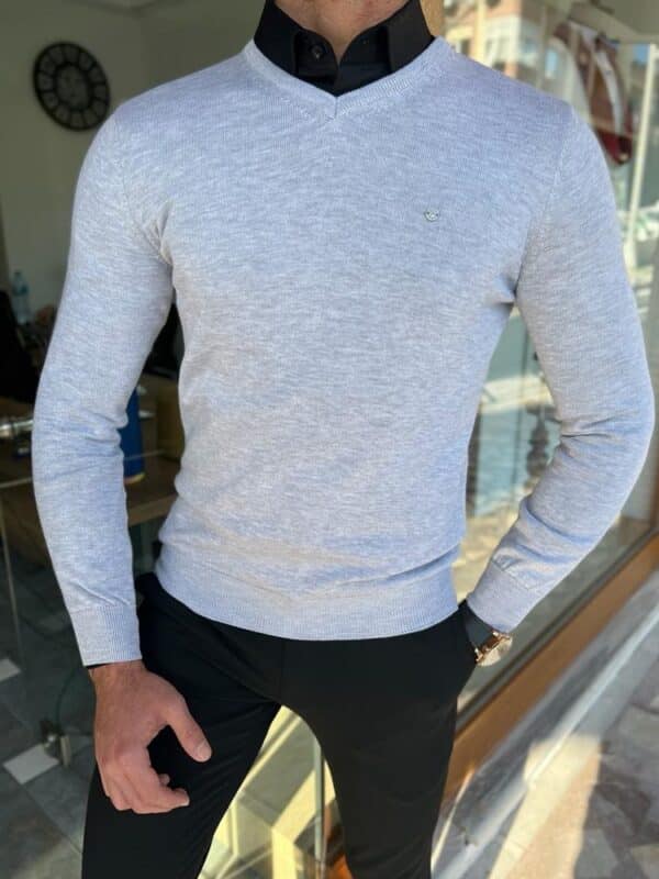 Gray Slim Fit V-Neck Sweater