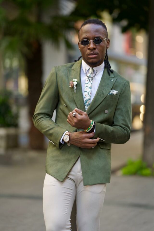 Look Stunning in Aysoti Cooper Khaki Tailored Slim Fit Peak Lapel Blazer