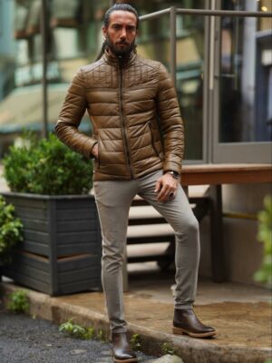 Brown Faux Leather Puffer Jacket