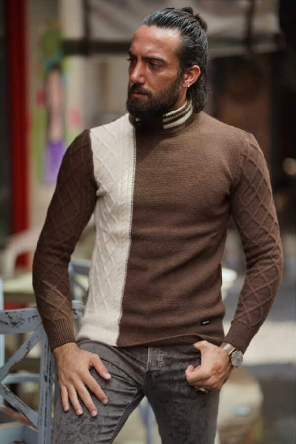Beige Brown Slim Fit Turtleneck Sweater