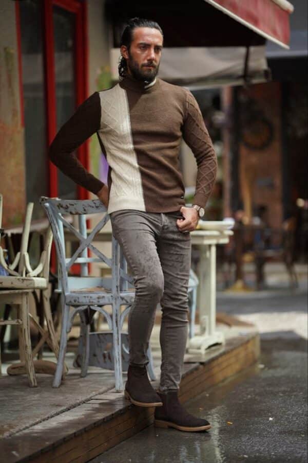 Beige Brown Slim Fit Turtleneck Sweater
