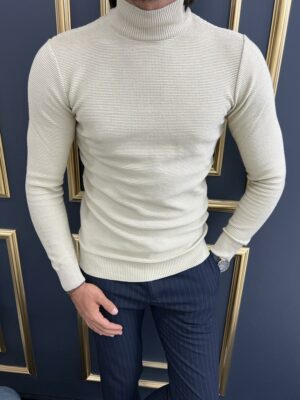 Beige Slim Fit Mock Turtleneck Sweater